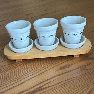 Longaberger Pottery Woven Traditions Herb Pots with Wood Riser